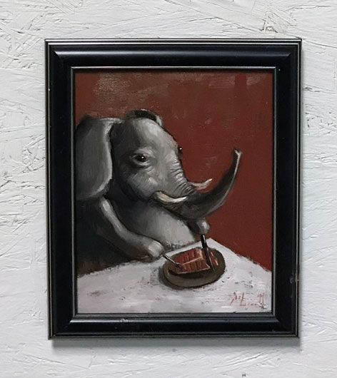 elephant-eating-a-steak-artwork-painting-oil-by-joel-barnett-greenville-sc-art-gallery-artist-studios