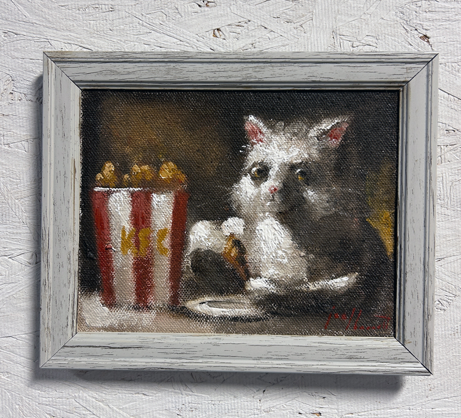 cat eating kfc oil painting funny meme joel barnett oil painting signed original cats paintings kitten kitty bucket of chicken bojangles fast food art artwork artist