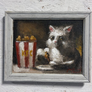 cat eating kfc oil painting funny meme joel barnett oil painting signed original cats paintings kitten kitty bucket of chicken bojangles fast food art artwork artist