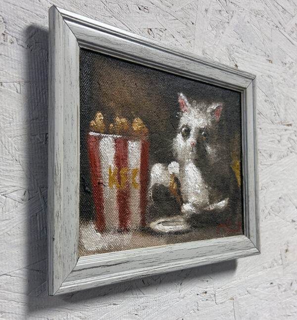 cat eating kfc oil painting funny meme joel barnett oil painting signed original cats paintings kitten kitty bucket of chicken bojangles fast food art artwork artist 2
