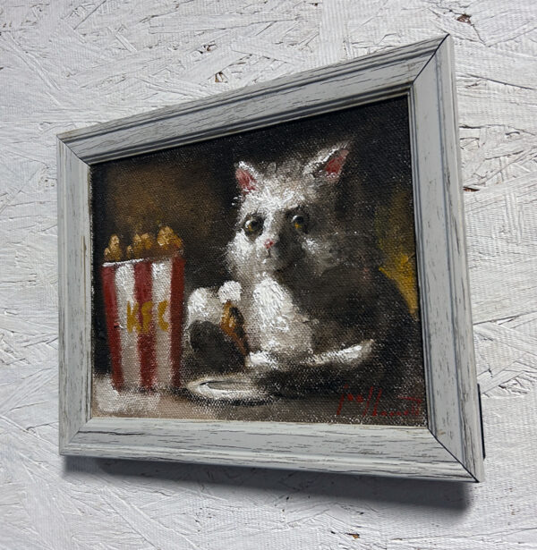 cat eating kfc oil painting funny meme joel barnett oil painting signed original cats paintings kitten kitty bucket of chicken bojangles fast food art artwork artist 3