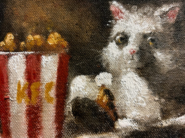 cat eating kfc oil painting funny meme joel barnett oil painting signed original cats paintings kitten kitty bucket of chicken bojangles fast food art artwork artist detail