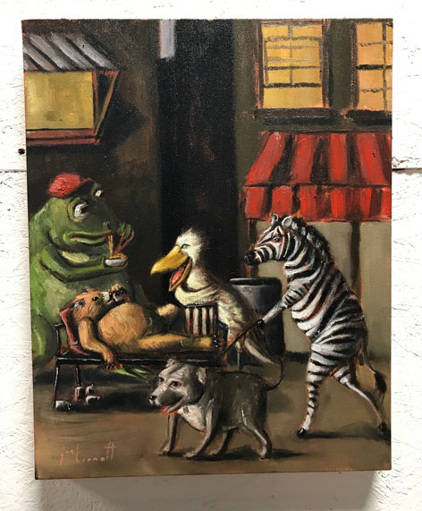 zebra-walking-dog-in-city-street-scene-by-joel-barnett-artist-original-signed-oil-paintings-greenville-sc-art-gallery-with-artwork