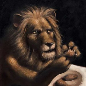 lion-eating-chicken-wings-fine-art-store-gallery-exhibition-joel-barnett-artwork-for-sale-original-oil-funny-animal-paintings-signed-dated-table-tiger-zoo