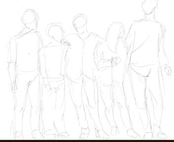 Sketch of people standing. Sketch of the group of people looking into the  same direction. | CanStock